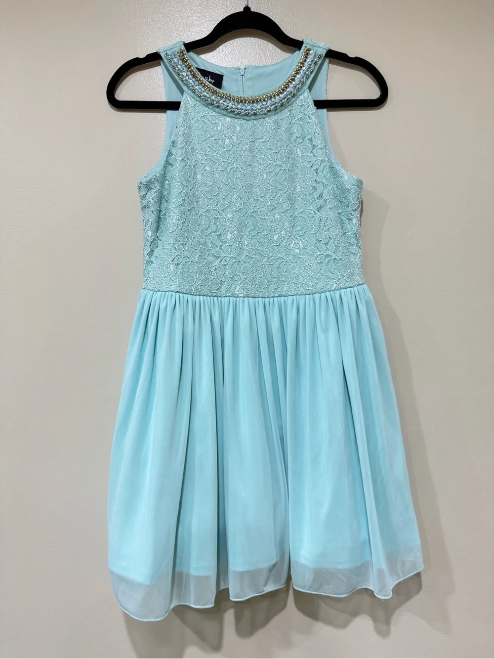 Girls' Light Blue Lace & Chiffon Dress with Beaded Neckline